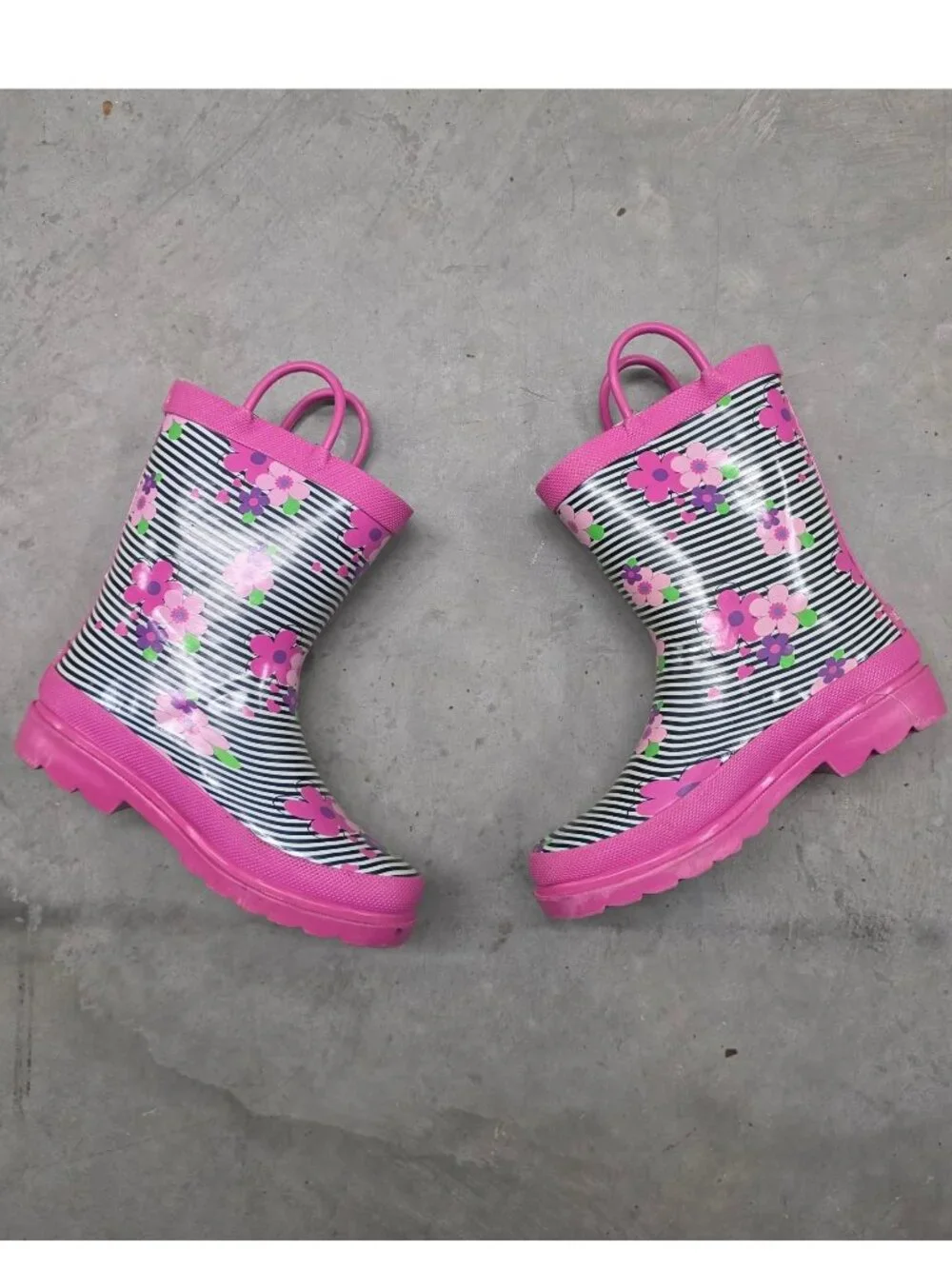 Lily & Dan Kids Girls Pink Floral Striped Pull-On Handle Rain Boots Size 13/1